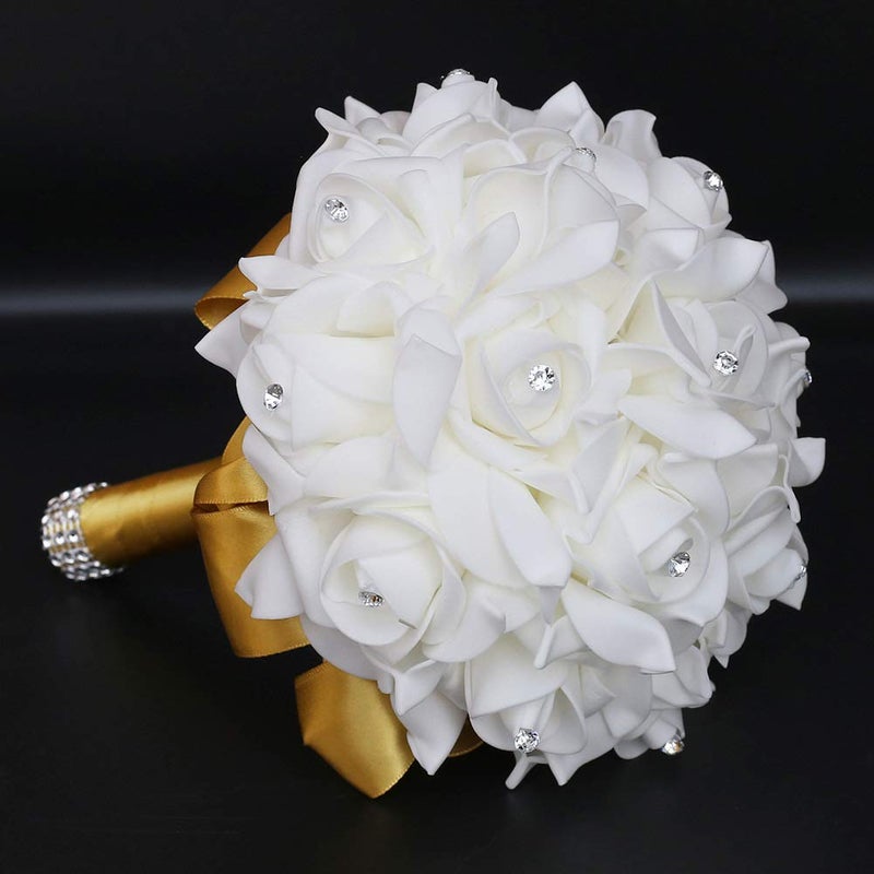 Flonding Wedding Bouquet, Gold Bouquet for Bride Bridesmaid with Diamond Soft Ribbons, Artificial Rose Bridal Holding Flowers for Party Church - Image 4